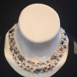 Triple strand mixed pearl and crystal necklace